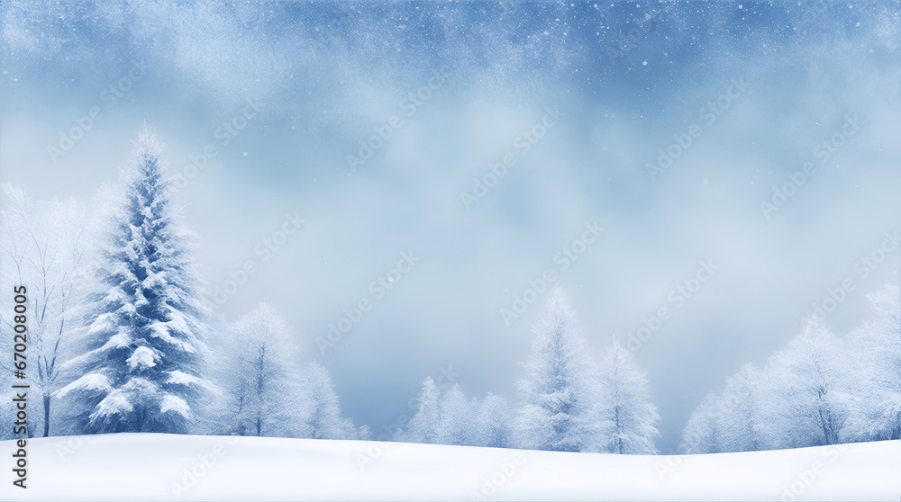 Poster winter background with snow-covered trees on the background of cloudy sky during snowfall