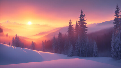 Picturesque winter landscape with mountains and forest in the evening during sunset