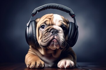 Portrait of a beautiful cheerful dog listening to music on headphones. Creativity and relaxation.