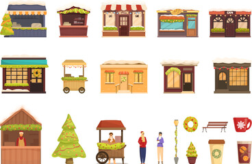 Street cafe on Christmas icons set cartoon vector. Street city food. Park drink