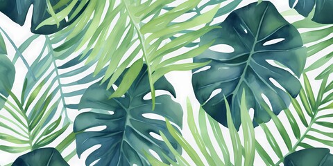 Tropical seamless pattern with leaves. Watercolor background with tropical leaves - obrazy, fototapety, plakaty