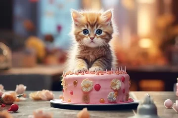 Deurstickers A cute little kitten near the cake. Birthday celebration © Volodymyr