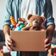 Close up of a man with a cardboard box full of toys to donate. ai generative - obrazy, fototapety, plakaty