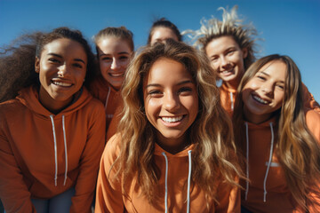 A group of young women sport team standing next to each other.
