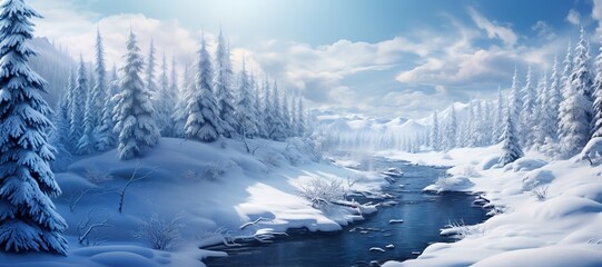 Picturesque winter landscape with a river and snow-covered fir trees against the backdrop of mountains on a sunny day
