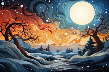 Winter landscape with river between snowy hills and trees on the background of picturesque sky at sunset in vector graphics style