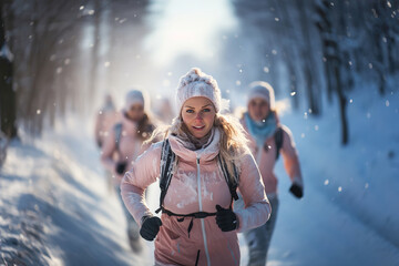 A group of women running down a snow covered road. Winter jogging.