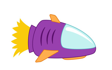 Purple interstellar space ship with big turbine and fire. Cartoon, vector
