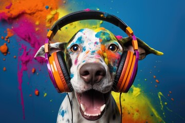 Portrait of a beautiful cheerful dog listening to music with headphones, smeared with colored...