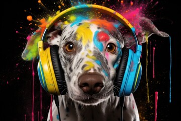 Portrait of a beautiful cheerful dog listening to music with headphones, smeared with colored paint. Creativity and relaxation.