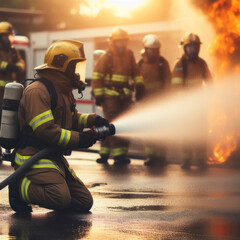 fireman using water and extinguisher to fighting with fire flame in an emergency situation. ai generative
