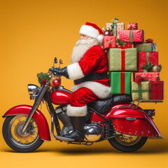 funny santa claus riding a red motorcycle side view loaded with gifts on yellow background. ai generative