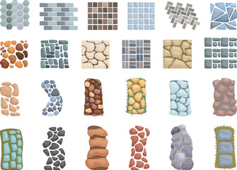 Stone footpath icons set cartoon vector. Path road stone. Backyard patio forest