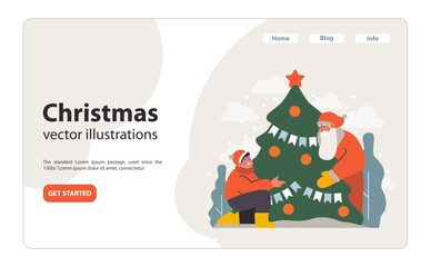 Christmas celebration web banner or landing page. Santa Claus and little boy beside a Christmas tree. Cheerful kid get a present on festive night. Winter holidays traditions. Flat vector illustration