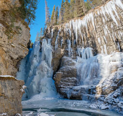 Frozen waterfall in Johnston Canyon in Banff National Park, Alberta, Canada