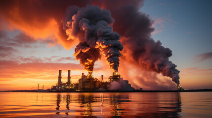 Smokestacks emitting greenhouse gases into the atmosphere, contributing to the greenhouse effect