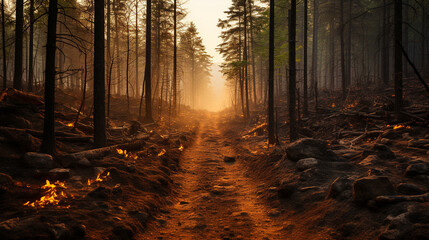 A forest devastated by wildfires, illustrating the increased frequency and intensity of fires due to climate change - obrazy, fototapety, plakaty