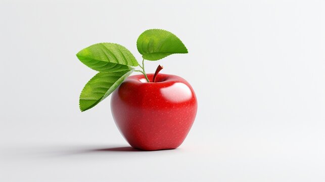 This high-definition 3D render showcases a red apple and its perfectly bisected counterpart. The juicy, crisp texture is complemented by a vibrant green leaf, all against a clean, white backdrop.