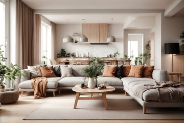 Modern Apartment Interior Design, Living Room, and Dining Room Panorama 3D rendering