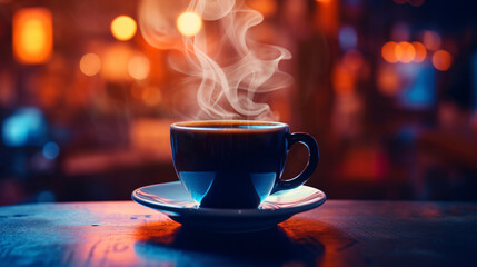 cup of hot coffee with smoke, blurred background, cup, coffee, drink, cafe, table, hot, espresso, aroma, caffeine, cappuccino, morning