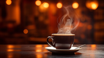 cup of hot coffee with smoke, blurred background, cup, coffee, drink, cafe, table, hot, espresso, aroma, caffeine, cappuccino, morning