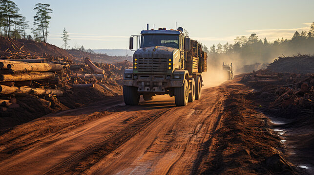 A deforested area with logging trucks, emphasizing the role of deforestation in climate change
