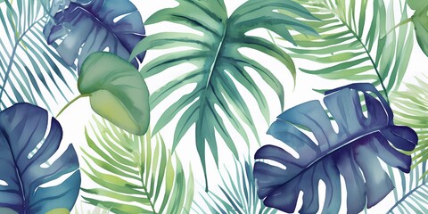 Tropical seamless pattern with leaves. Watercolor background with tropical leaves