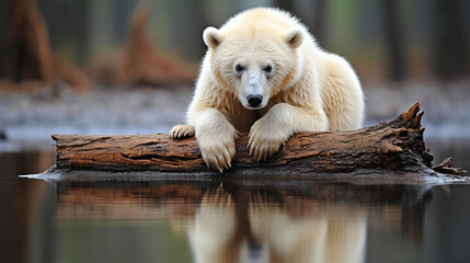 A sad polar bear looking at its reflection in melting ice, reflecting the plight of Arctic wildlife