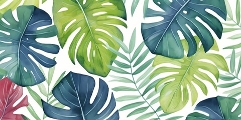 Tropical seamless pattern with leaves. Watercolor background with tropical leaves