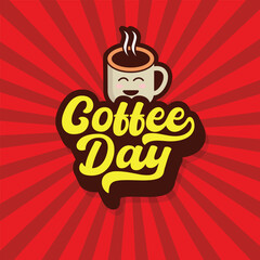 Coffee Day Hand drawn vector Illustration. International Coffee Day banner, flyer, poster, sticker design for restaurant and coffee shop. Coffee time logo with a coffee cup vector icon.