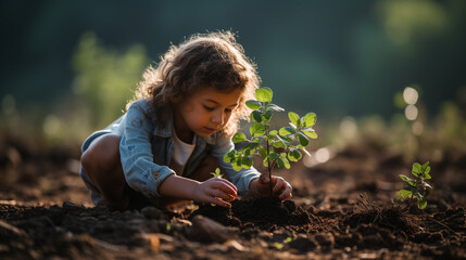 A child planting a tree, symbolizing reforestation efforts to combat global warming - obrazy, fototapety, plakaty