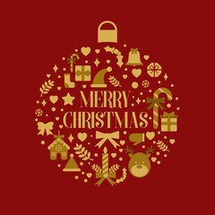 Merry Christmas and Happy New Year greeting card with Christmas tree. Christmas set of flat icons.