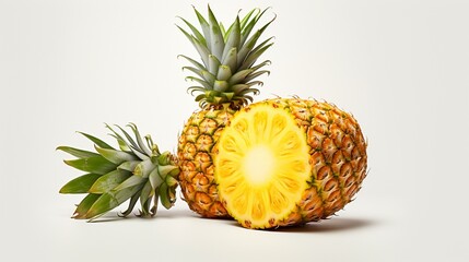 A 3D-rendered image showcases a whole, ripe pineapple beside a precision-cut slice. The intricate details of the fruit's skin and its succulent interior are highlighted against a clean, white surface.