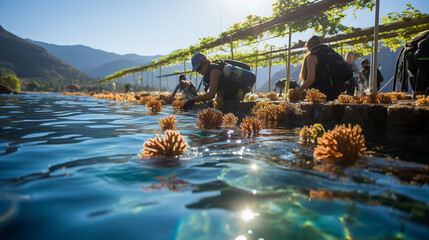 A coral restoration project, illustrating conservation efforts to save threatened reefs
