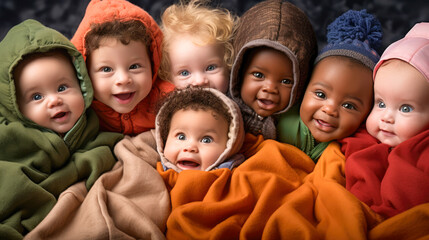 A bunch of babies in various ethnicity surrounded by blankets. - obrazy, fototapety, plakaty