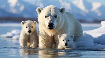 A polar bear family in a shrinking icy world, representing the vulnerability of Arctic species