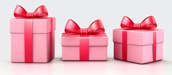 3d red gift boxes open and closed set with pastel pink ribbon bow isolated on a white background. 3d render flying modern holiday surprise box. Realistic vector icon for birthday or wedding banners - obrazy, fototapety, plakaty