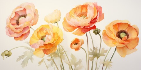 Bouquet of beautiful different flowers Ranunculus, on light background Generative AI