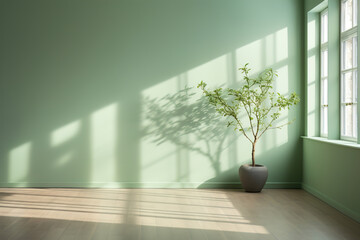 Minimalist background with green room interior, shadows on the walls. - obrazy, fototapety, plakaty