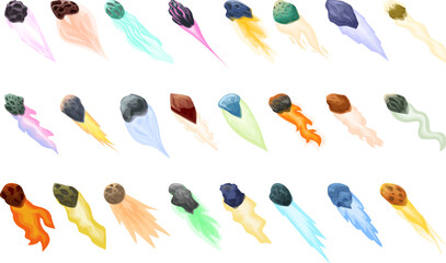 Meteor trail icons set cartoon vector. Comet flying meteor. Falling flame burning