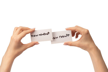 New mindset - new result  text on a card in a woman hand. - obrazy, fototapety, plakaty