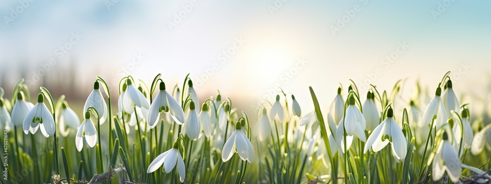 Poster snowdrops in a field with a sunny sky Generative AI
