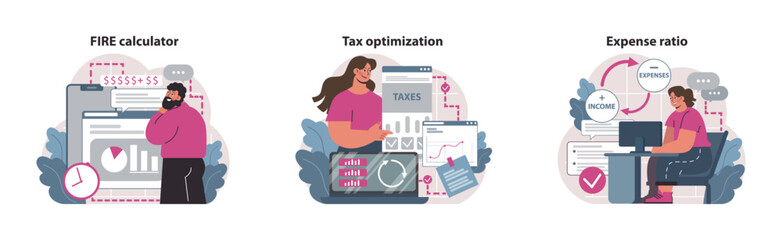 Financial independence, FIRE concept set. Money savings and investment for early retirement. Financial literacy and personal budget development. Assets management. Flat vector illustration
