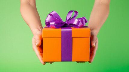 Anonymous person showing bright orange carton gift box with ribbon and purple bow against green background