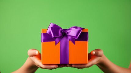 Anonymous person showing bright orange carton gift box with ribbon and purple bow against green background - obrazy, fototapety, plakaty
