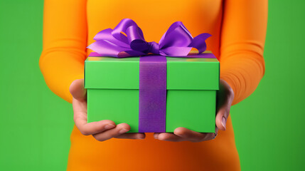 Anonymous person showing bright green carton gift box with ribbon and purple against green background - obrazy, fototapety, plakaty
