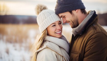 Young couple enjoying life outdoors in winter. Beautiful woman and handsome man smiling and hugging each other. There is romance in the air. Blurry background.