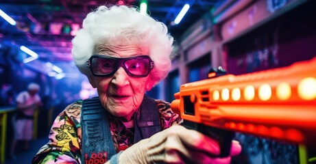 A Stock Photo of, an elderly lady geared up for a thrilling game of laser tag