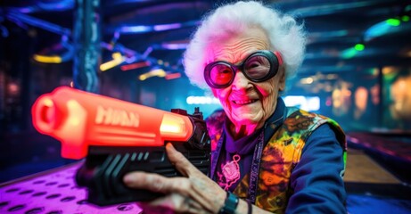 A Stock Photo of, an elderly lady geared up for a thrilling game of laser tag