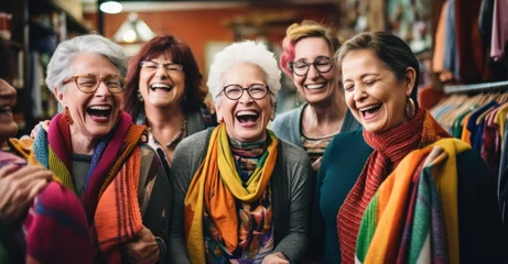 Fotobehang elderly women joyfully crafting together, knitting and sewing amidst colorful fabrics and yarns © Valentin